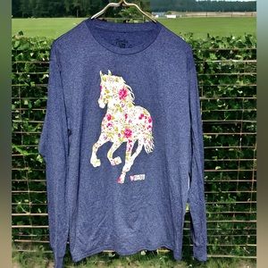 Equestrian Themed Long Sleeve Blue Tee With Floral Horse on Front Large